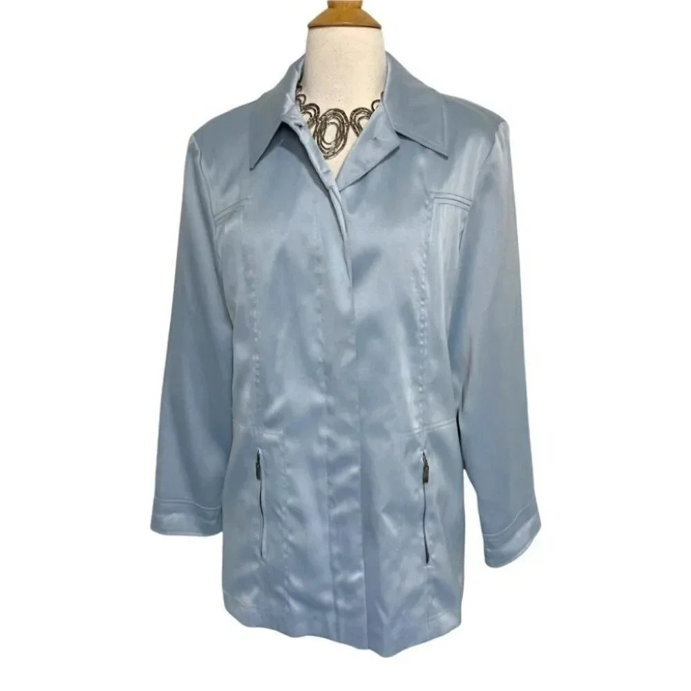 CS Signature Jacket M Light Blue Satin Finish Button Front Zip Pockets Dressy‎